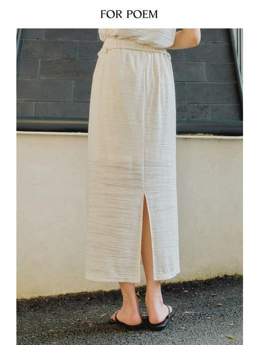 ForPoem 现货 25/SS原创设计亚麻肌理橡筋腰头串珠绑带半身中长裙 商品图4
