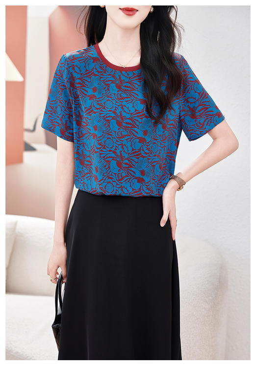 丁摩高端真丝双绉短袖T恤新款夏季时尚印花休闲桑蚕丝小衫上衣AL 商品图9