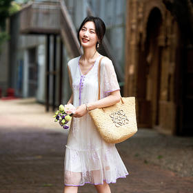 丁摩白色拼紫色提花真丝顺纡连衣裙飘逸减龄宽松显瘦连衣裙AL90377