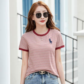 雀说条纹短袖圆领撞色刺绣宽松女装T恤减龄时尚新款AL500