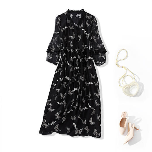 丁摩夏季新品女装V领蝴蝶印花花边真丝连衣裙配腰带气质显瘦AL90192 商品图4