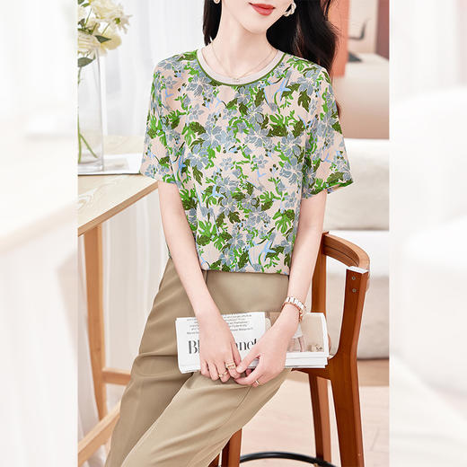 丁摩高端真丝双绉短袖T恤新款夏季时尚印花休闲桑蚕丝小衫上衣AL 商品图1