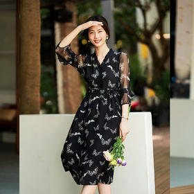 丁摩夏季新品女装V领蝴蝶印花花边真丝连衣裙配腰带气质显瘦AL90192
