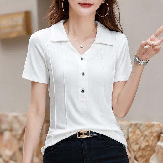 雀说翻领短袖中老年装洋气修身纯色大码薄衬衫上衣女士t恤AL489 商品图9