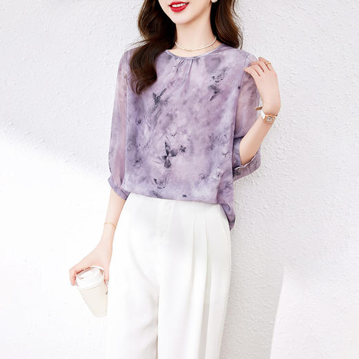 丁摩新款印花小衫圆领五分袖t恤桑蚕丝上衣AL9676 商品图2