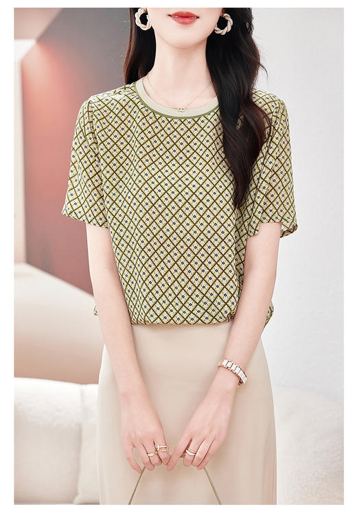 丁摩高端真丝双绉短袖T恤新款夏季时尚印花休闲桑蚕丝小衫上衣AL 商品图6