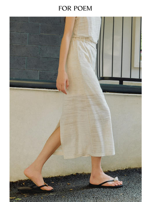 ForPoem 现货 25/SS原创设计亚麻肌理橡筋腰头串珠绑带半身中长裙 商品图2
