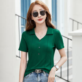 雀说翻领短袖中老年装洋气修身纯色大码薄衬衫上衣女士t恤AL489