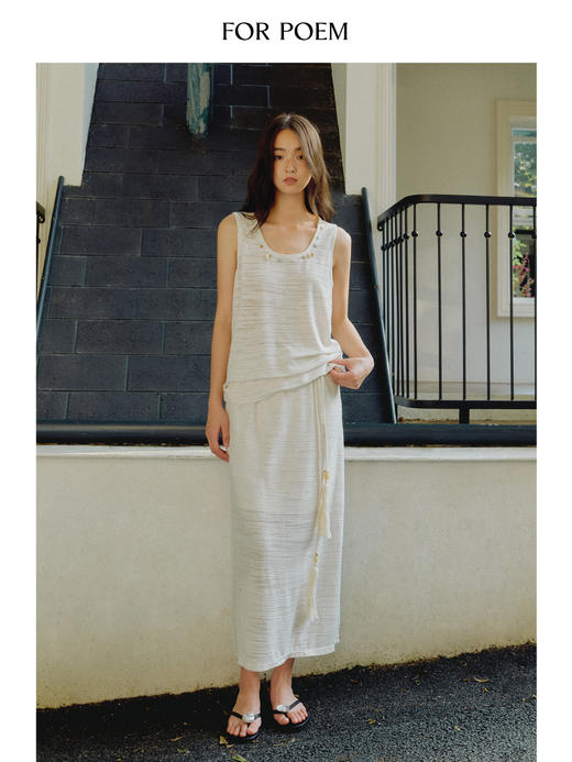 ForPoem 现货 25/SS原创设计亚麻肌理橡筋腰头串珠绑带半身中长裙 商品图1