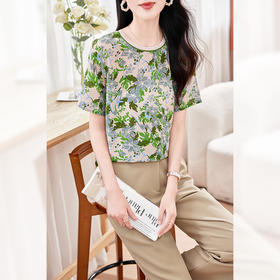 丁摩高端真丝双绉短袖T恤新款夏季时尚印花休闲桑蚕丝小衫上衣AL