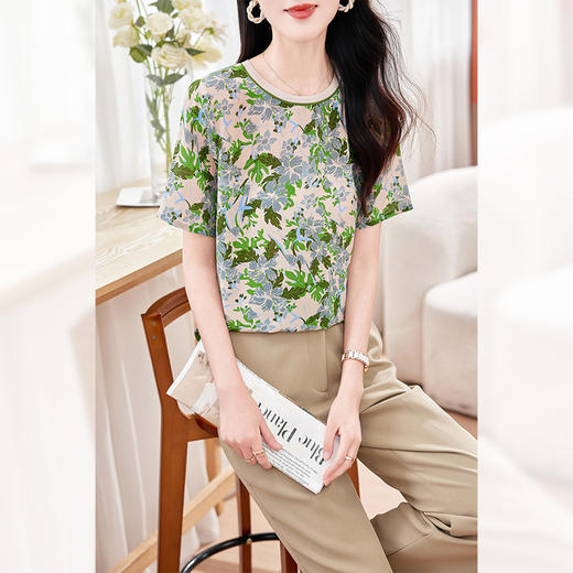 丁摩高端真丝双绉短袖T恤新款夏季时尚印花休闲桑蚕丝小衫上衣AL 商品图0