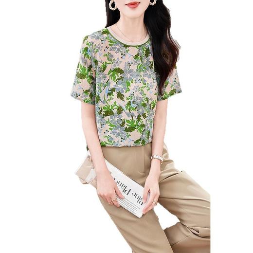 丁摩高端真丝双绉短袖T恤新款夏季时尚印花休闲桑蚕丝小衫上衣AL 商品图4