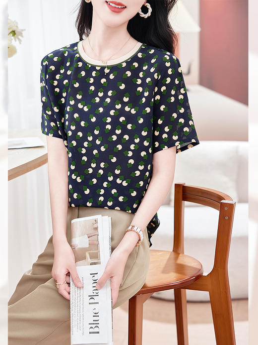 丁摩高端真丝双绉短袖T恤新款夏季时尚印花休闲桑蚕丝小衫上衣AL 商品图7