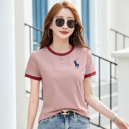 雀说条纹短袖圆领撞色刺绣宽松女装T恤减龄时尚新款AL500 商品图2