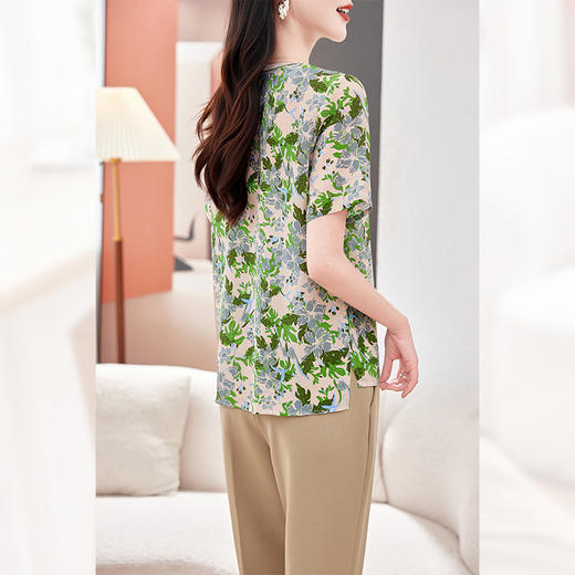 丁摩高端真丝双绉短袖T恤新款夏季时尚印花休闲桑蚕丝小衫上衣AL 商品图3