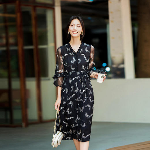 丁摩夏季新品女装V领蝴蝶印花花边真丝连衣裙配腰带气质显瘦AL90192 商品图1