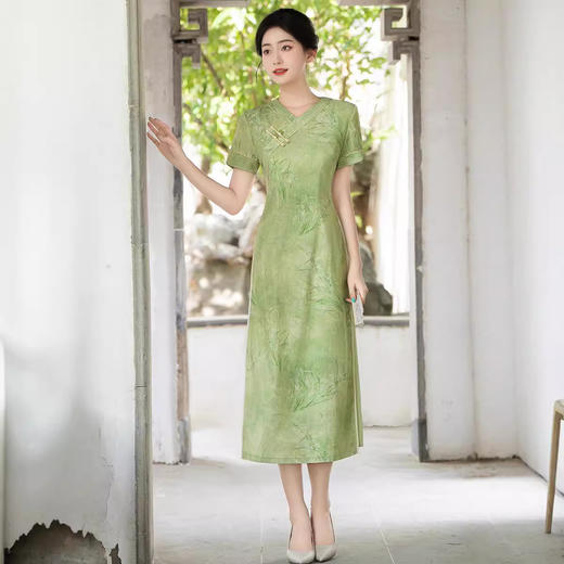 棉质绿色复古改良，V领奥黛新中式旗袍QMR-658 商品图0