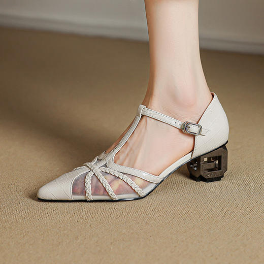 【预售5天】法式真皮编织网纱包头凉鞋，T扣绑带粗中跟鞋HCYYHD&6173 商品图2