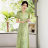 棉质绿色复古改良，V领奥黛新中式旗袍QMR-658 商品缩略图3