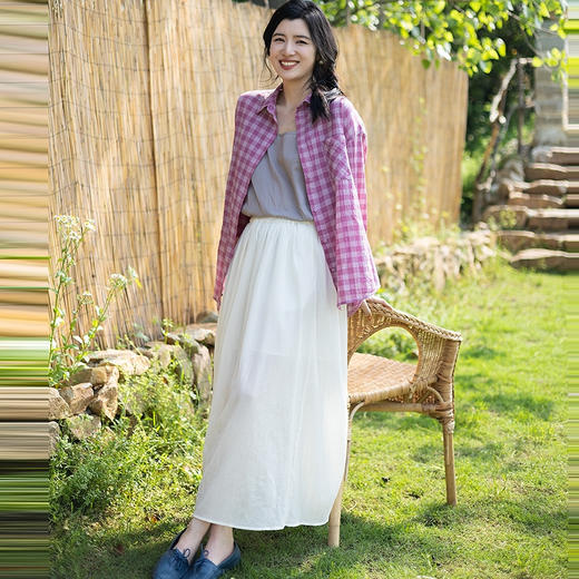 绽放旅行女装355朵/纯棉自然皱感双层半身长裙高腰松紧半身裙子女 商品图2