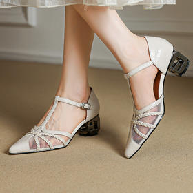 【预售5天】法式真皮编织网纱包头凉鞋，T扣绑带粗中跟鞋HCYYHD&6173