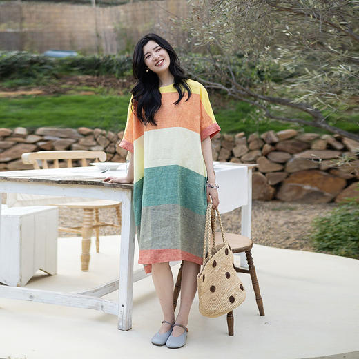 绽放旅行女装359朵/纯亚麻撞色条纹宽松茧型连衣裙圆领落肩短袖 商品图1