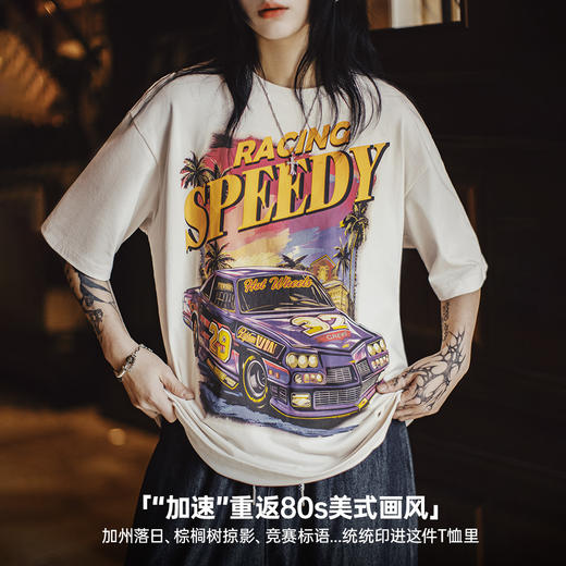 马登夏日美式复古白色大印花T恤高街潮流纯棉插画艺术宽松短袖女 商品图2