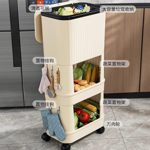 【厨房神器上线🔥】新款免弯腰垃圾桶🚮+置物架，大容量可移动设计💡窄缝收纳不占地！奶油白&典雅灰任你选🎨，滑盖轻松开合，居家必备💯！免弯腰功能架 商品图3