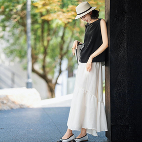 LONGNVFAIR天丝亚麻花瓣半裙马甲套装 |  夏日黑白配的高级感，轻松解锁干练都市风【预售3-7天发货】