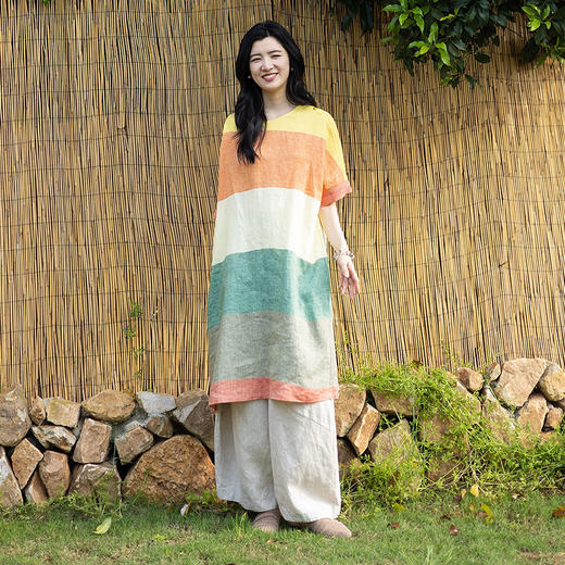 绽放旅行女装359朵/纯亚麻撞色条纹宽松茧型连衣裙圆领落肩短袖 商品图2