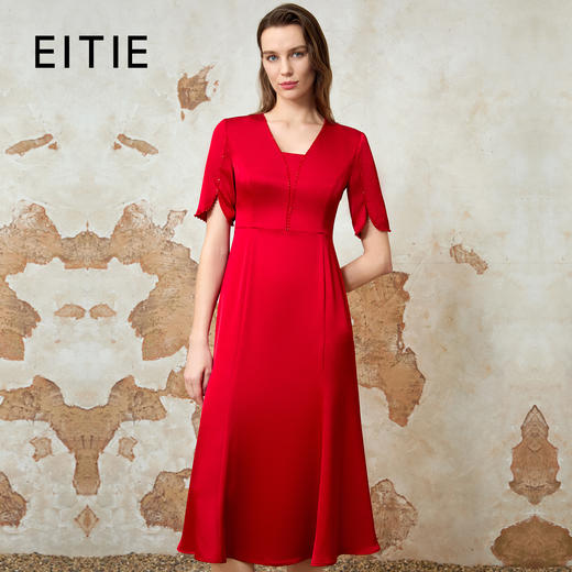 EITIE爱特爱夏季新款高级感红色显瘦礼服过膝订婚敬酒服宴会礼服连衣裙8277903 商品图0