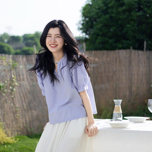 绽放旅行女装356朵/汉麻棉凉爽V领褶皱短袖小衫清凉透气衬衫女 商品图0
