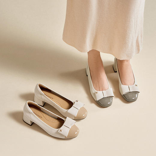 千百度粗中跟蝴蝶结浅口单鞋女通勤舒适小香风晚晚鞋A25471102 商品图1