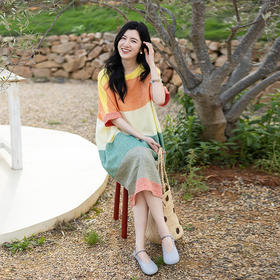 绽放旅行女装359朵/纯亚麻撞色条纹宽松茧型连衣裙圆领落肩短袖