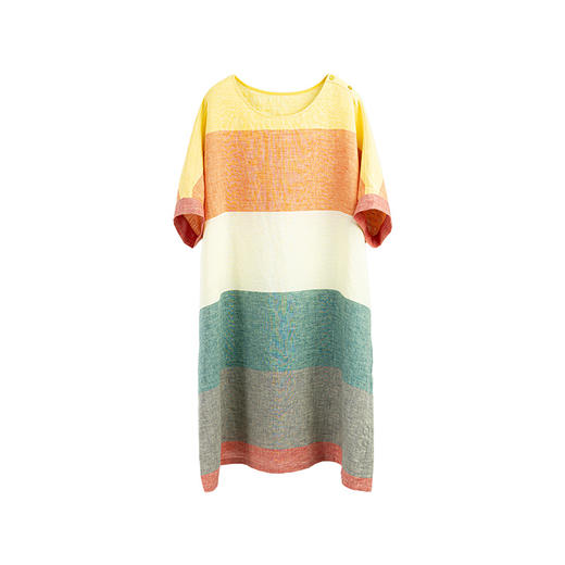 绽放旅行女装359朵/纯亚麻撞色条纹宽松茧型连衣裙圆领落肩短袖 商品图4