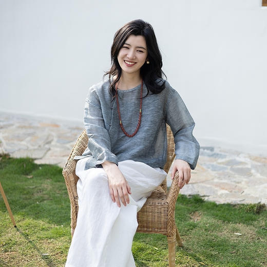 绽放旅行女装362朵/蚕丝亚麻中式斜襟圆领长袖小衫文艺气质衬衫女 商品图2
