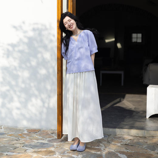 绽放旅行女装356朵/汉麻棉凉爽V领褶皱短袖小衫清凉透气衬衫女 商品图2