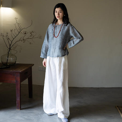绽放旅行女装362朵/蚕丝亚麻中式斜襟圆领长袖小衫文艺气质衬衫女 商品图1