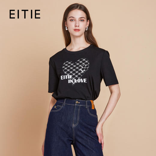 EITIE爱特爱夏季新款百搭打底舒适弹力圆领印花T恤女7702404 商品图0
