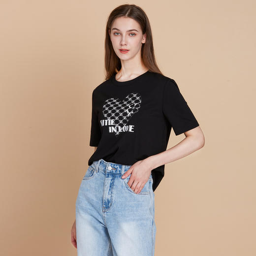 EITIE爱特爱夏季新款百搭打底舒适弹力圆领印花T恤女7702404 商品图3