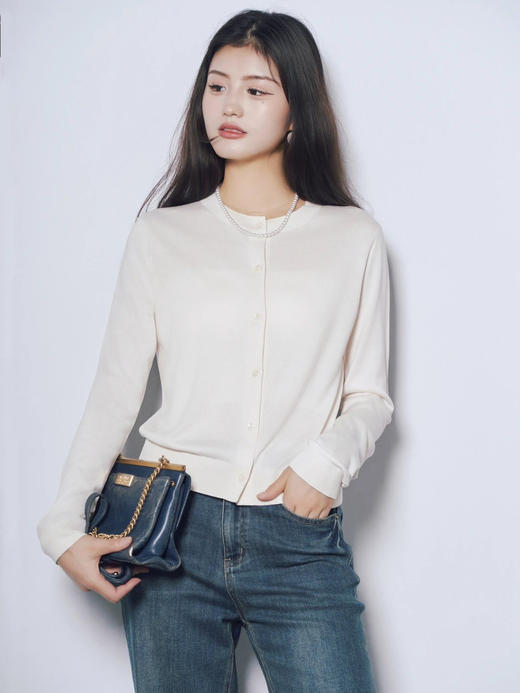 重磅真丝圆领长袖短款针织开衫 商品图1