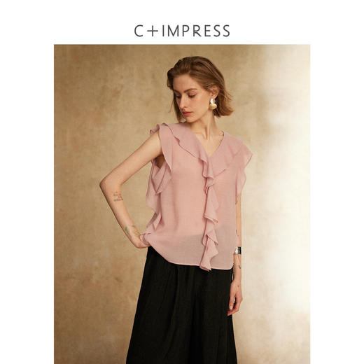 C+IMPRESS/西嘉天丝羊毛混纺 优雅法式浪漫荷叶边V领衬衫无袖上衣CS2502119 商品图1
