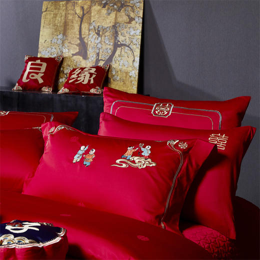 自然醒160支双股长绒棉提花四件套多件套婚庆系列刺绣被套床单结婚陪嫁床上用品GDS 商品图2