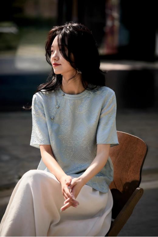 夏日法式轻奢新品❗️贵感上分❗️Dior同款面料🔥高级彰显品味❗️【新中式提花斜襟盘扣宽松短袖】体感绝绝子！不挑人的好穿好搭配👍 商品图2