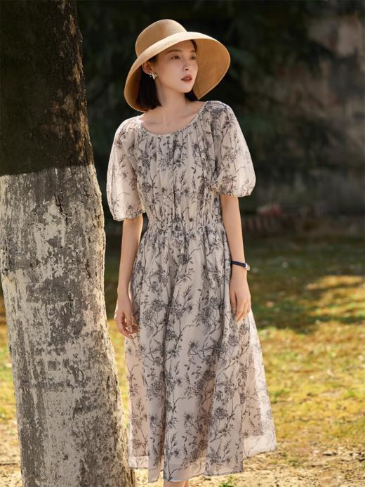 【百图lulu定制】【墨羽丹心真丝连衣裙】慵懒自由  轻薄通透 随性脱俗 真丝混纺 五分袖连衣裙 商品图0