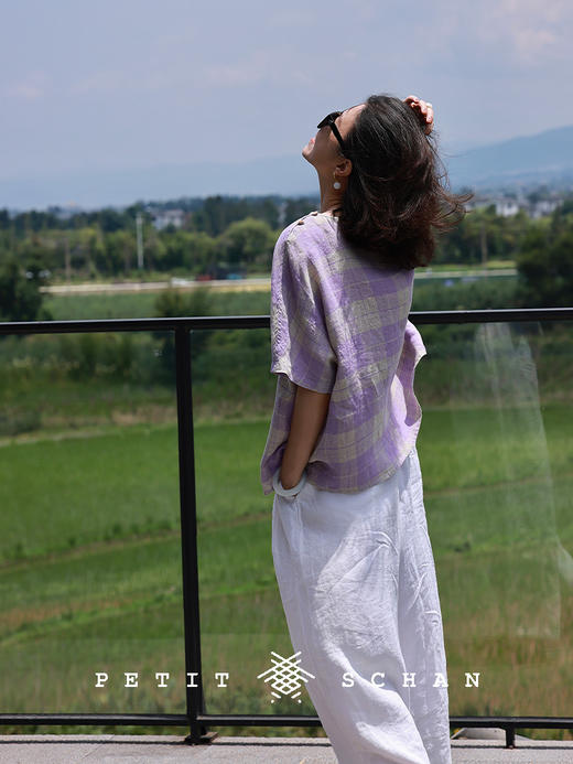 PETIT SCHAN小闪 CLO#846 Zixia Fairy 紫霞仙子 纯亚麻色织格纹小衫短袖 商品图4