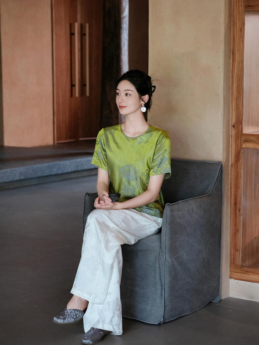 盛唐婧| 桑蚕丝牡丹提花修身国风简约短袖-绿色 商品图5