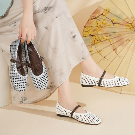 西村名物2025年夏季新款舒适透气平底编制玛丽珍单鞋洞洞鞋T25AH16571 商品图0