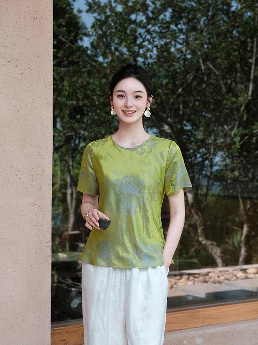 盛唐婧| 桑蚕丝牡丹提花修身国风简约短袖-绿色 商品图6