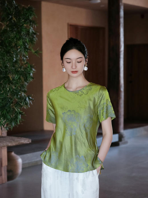 盛唐婧| 桑蚕丝牡丹提花修身国风简约短袖-绿色 商品图1